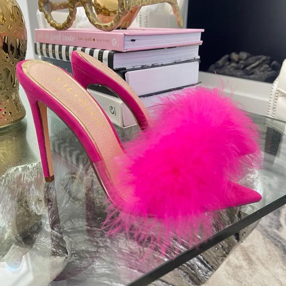 Women faux Feather Slippers Sandals pump High heels Slides Mules Size 6